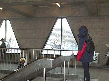 Interior of the entrance building, showing triangular windows