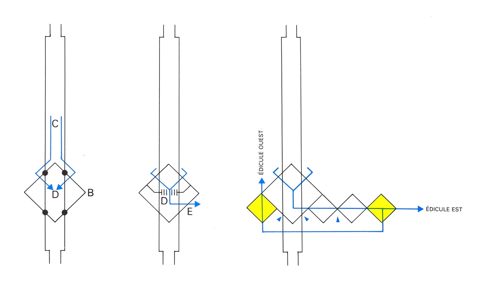 A schematic diagram showing the interaction between the trainroom and the station volume, which is a square set at a 45-degree angle to it; this pattern of spaces consisting of 45-degree-angle squares continues through the upper levels of the station.