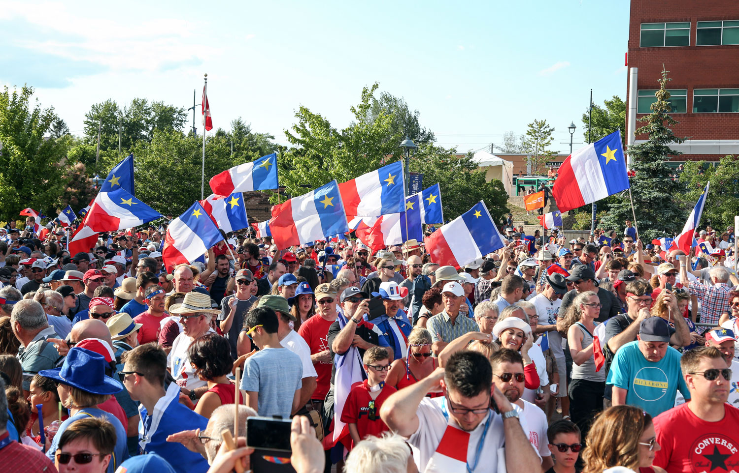 The Acadian flag is displayed during the Fête nationale de l’Acadie in Dieppe, New Brunswick.