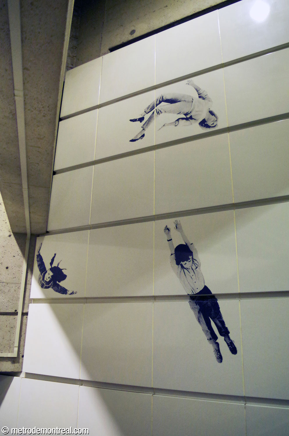 Detail of the first section of Jean Mercier's murals: a woman and two children swoop and somersault through the air above the escalators.