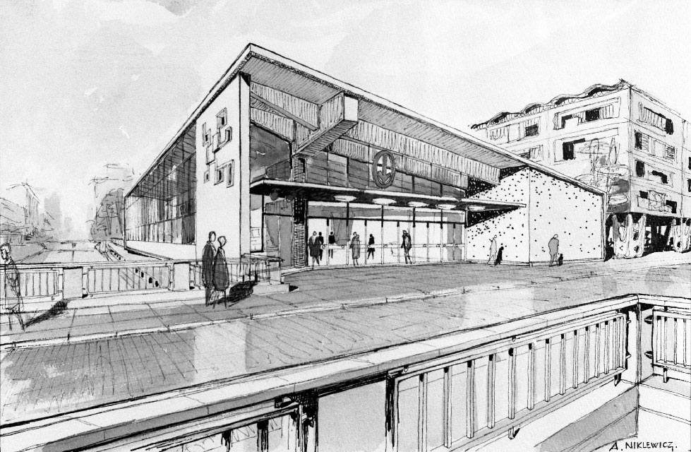 Architectural sketch of the headhouse exterior.