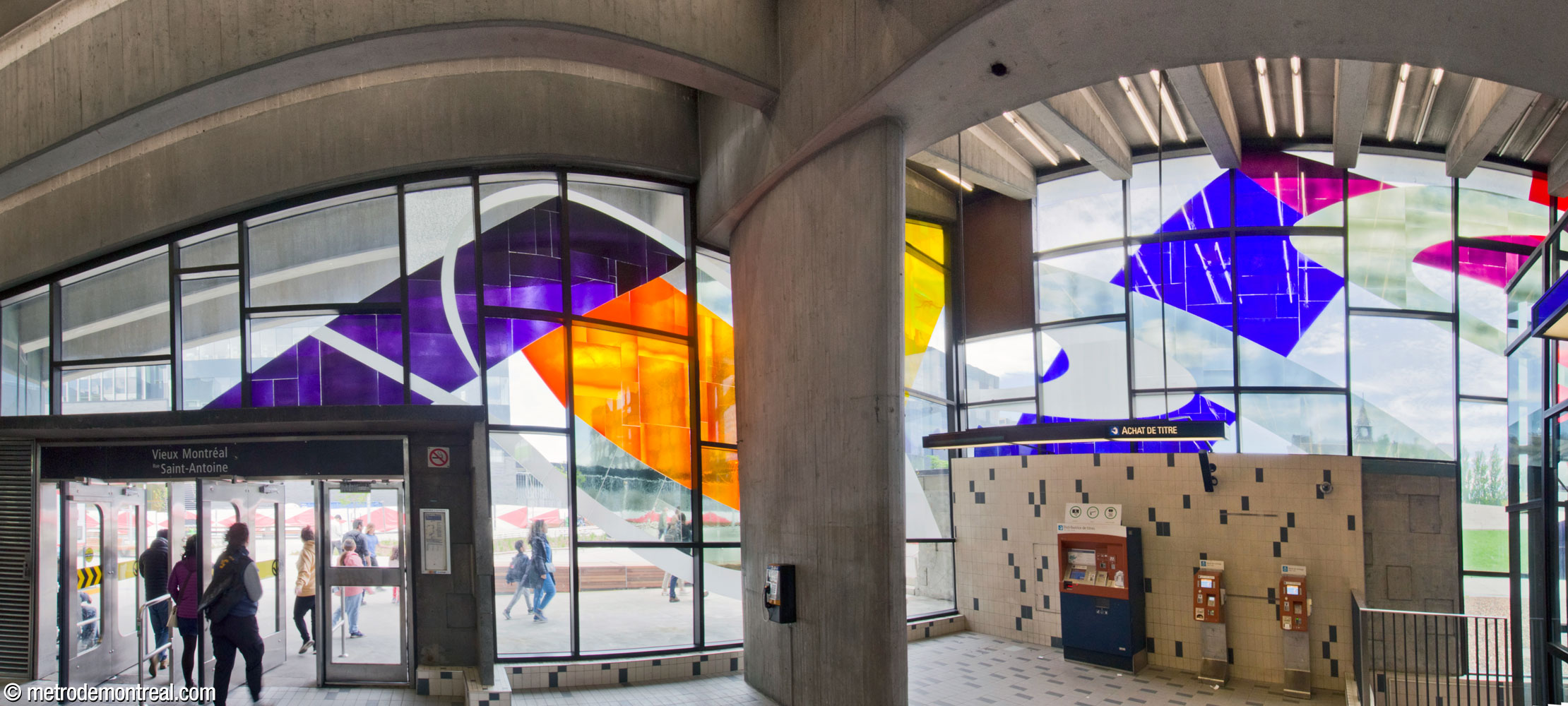 Marcelle Ferron's stained-glass window on the southeastern corner of the headhouse, including over the main entrance. Renovation work in 2014 removed a concession that had blocked off part of the window here.