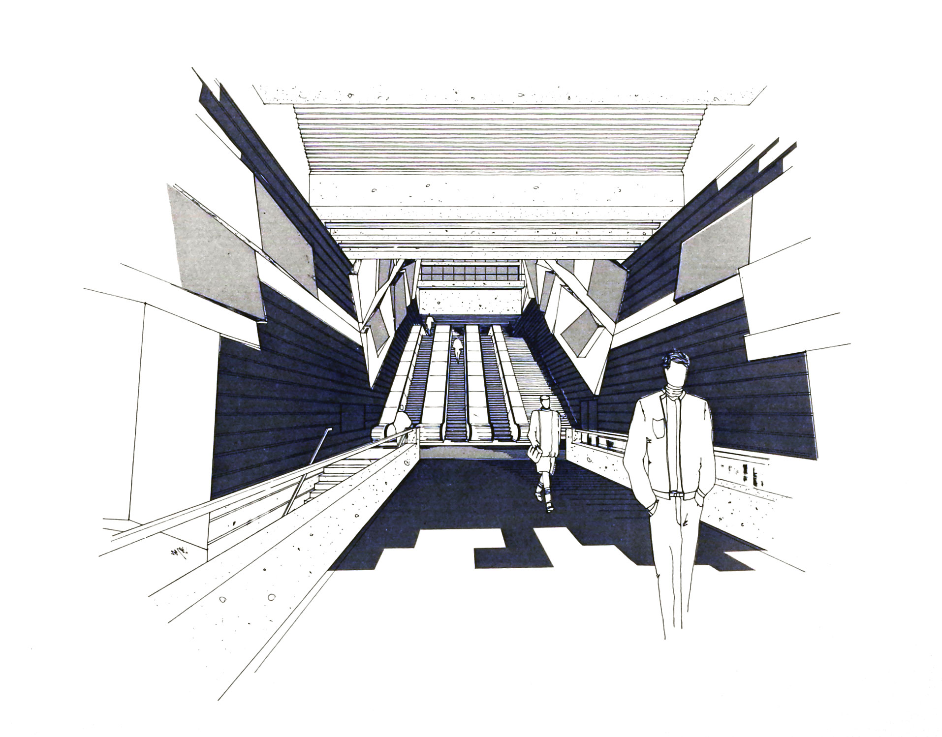 Architectural sketch of the main volume, showing the mural sculptures by Yves Trudeau continuing all the way up the stairwell
