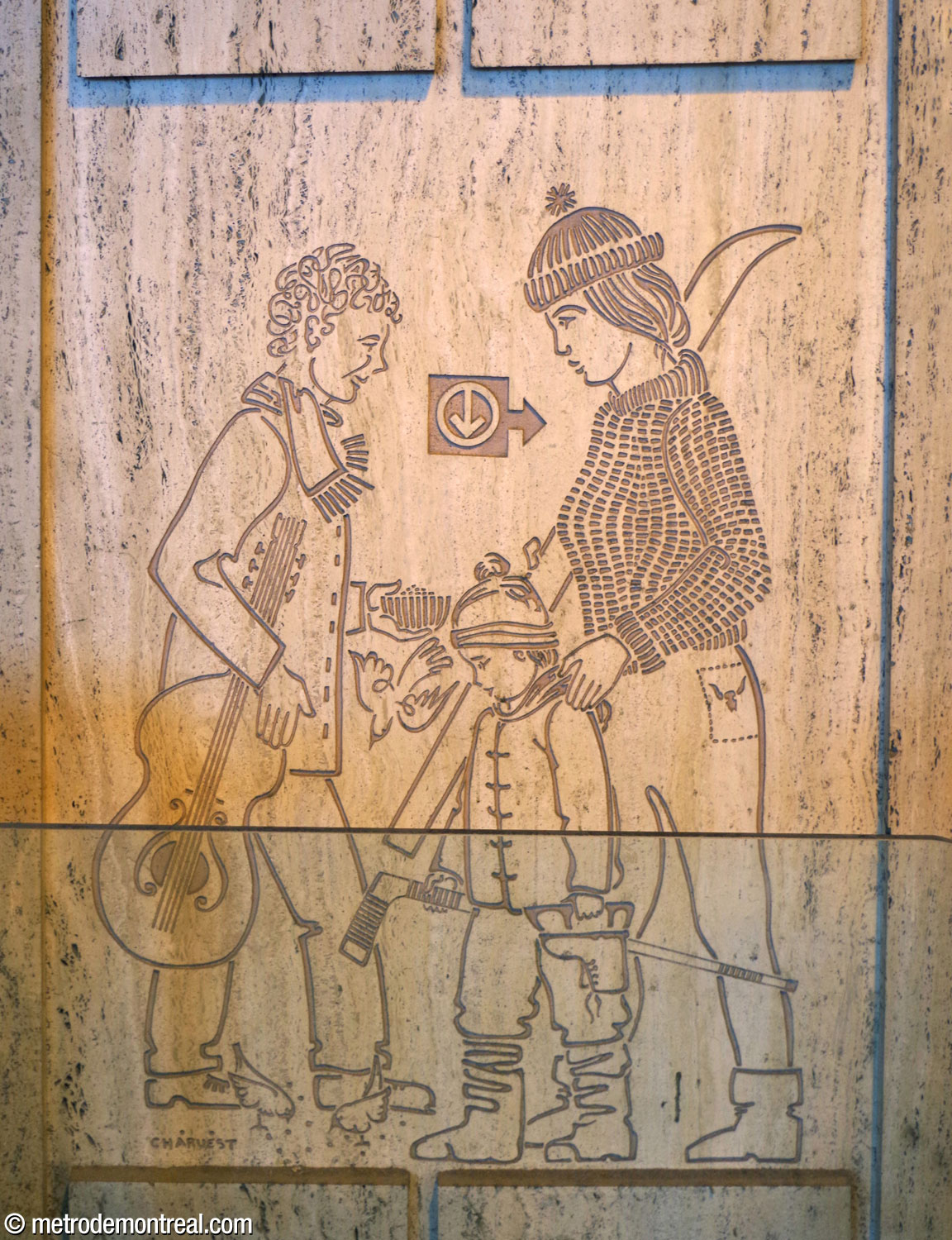 A bas-relief by Jean-Charles Charuest located along the stairwell down from the Saint-Laurent Ouest headhouse, depicting passengers heading toward and away from the station.