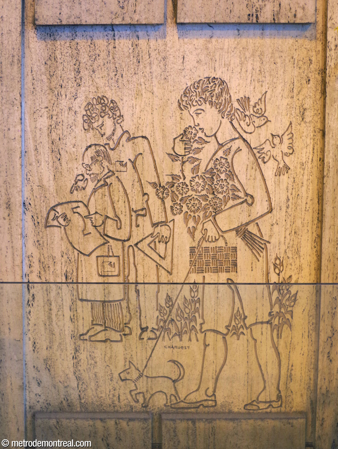 A bas-relief by Jean-Charles Charuest located along the stairwell down from the Saint-Laurent Ouest headhouse, depicting a shopper walking past two architects.