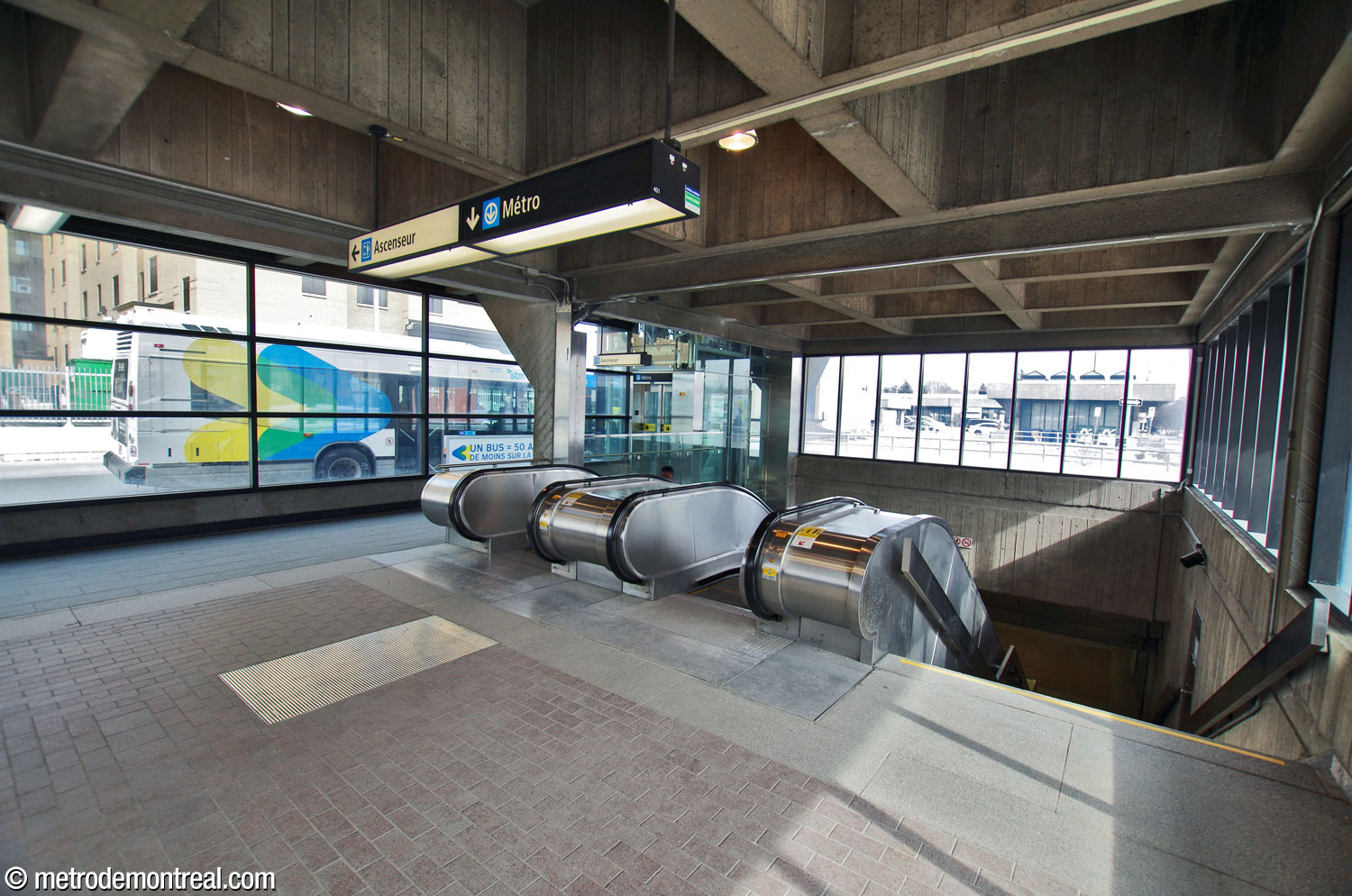 The elevator and stairwell leading into the station from the Honoré-Beaugrand headhouse.