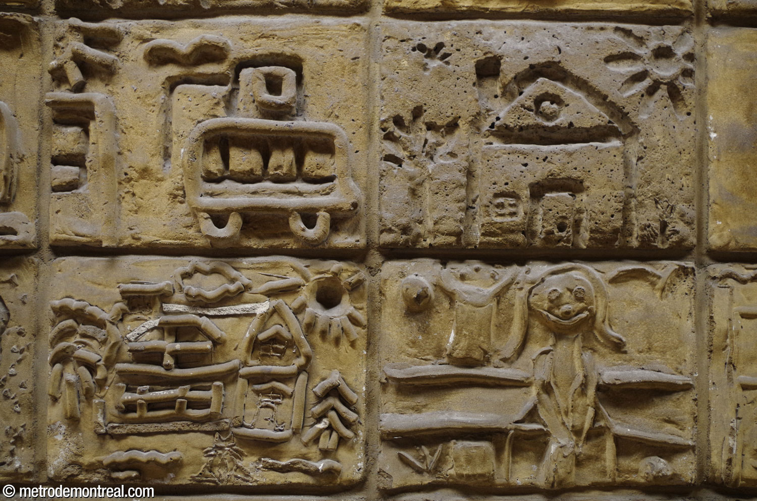 Detail of the mural Les enfants dans la ville, featuring a street scene with a bus, two houses, and a park scene.