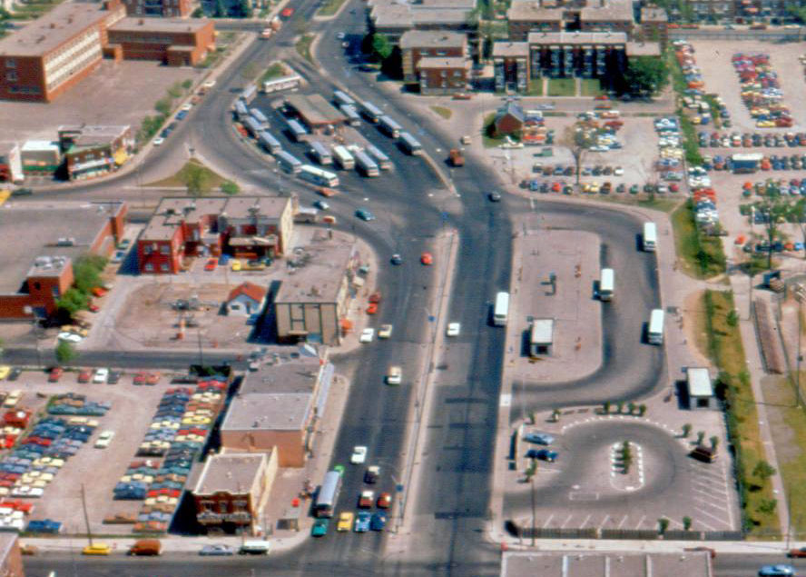 Aerial view of the station's original accesses; at top is the original Laval terminus in the centre of Boulevard Henri-Bourassa.