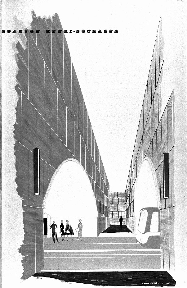 Architectural sketch of the platforms and corridor leading to the stairs.