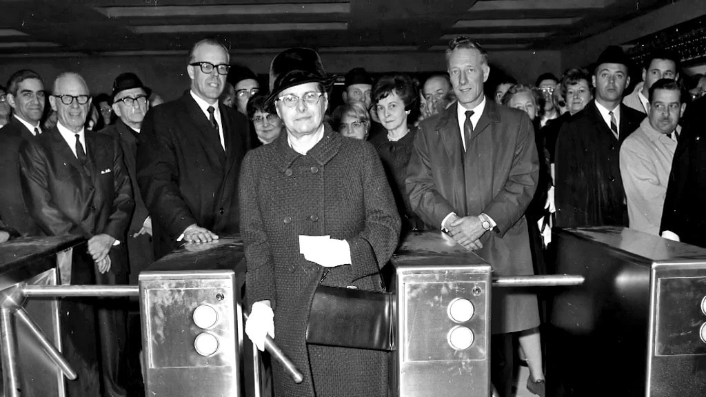 Historian Anne Bourassa, centre front, Henri Bourassa's daughter, was chosen to be the first passenger at the station on the metro's inauguration day, October 14, 1966.