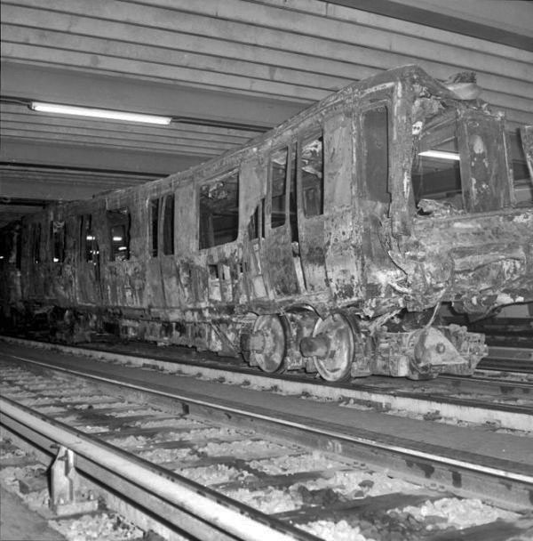 A burned metro car following the fire on December 9, 1971.