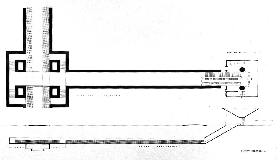 Architectural plan of the station's transept and access tunnel, showing the planned headhouse at the end.