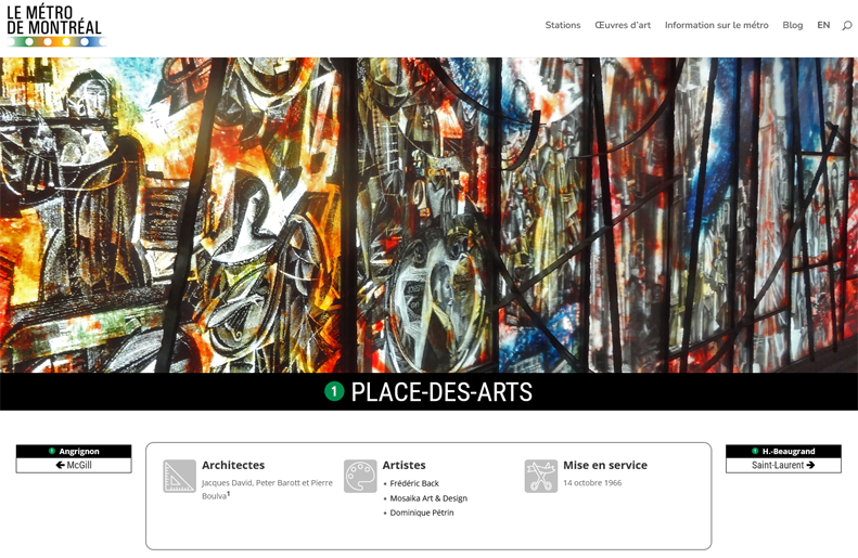 Screenshot of the first section of the station page for Place-des-Arts metro, showing the top title bar, header image, station name, navigation buttons, and info box listing the architects, artists, and opening date. Screenshot of the first section of the station page for Place-des-Arts metro, showing the top title bar, header image, station name, navigation buttons, and info box listing the architects, artists, and opening date.