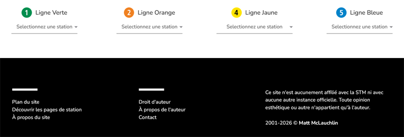 Screenshot of a station page showing the page footers, with menus linking to all station pages and links to other site information. Screenshot of a station page showing the page footers, with menus linking to all station pages and links to other site information.