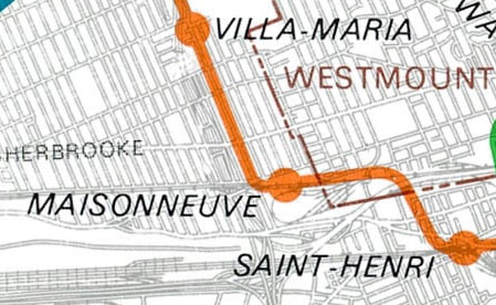 Plan des prolongements produit par le BTM en 1976, montrant la station sous le nom Maisonneuve.