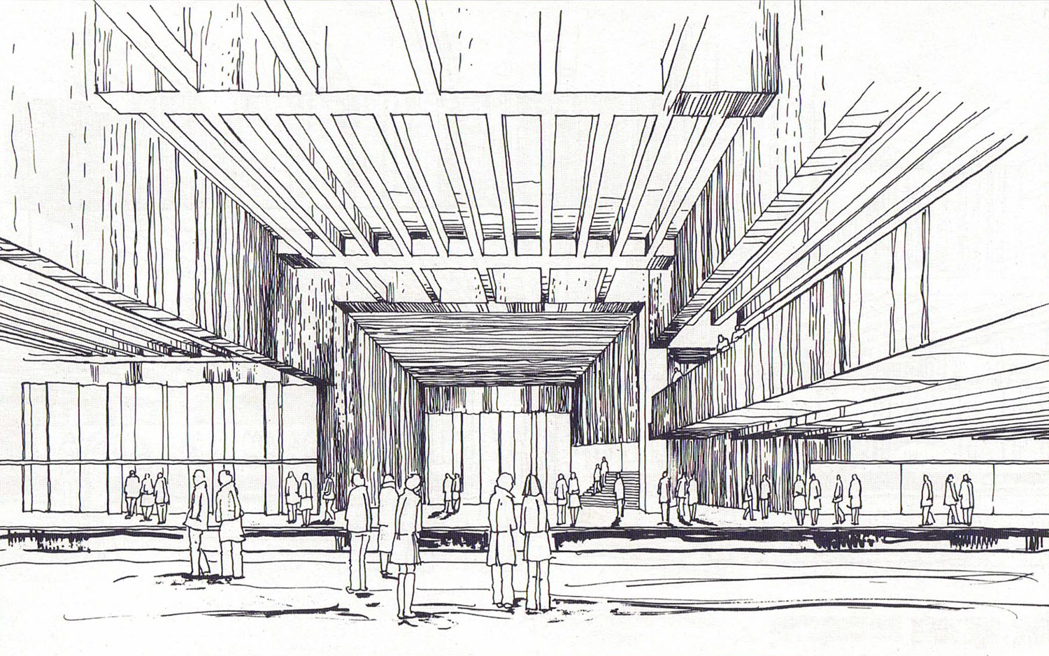 Esquisse architecturale de la station projetée Westmount, finalement annulée. Elle a été conçue par Jean A. Gélinas, qui a subséquemment collaboré sur la station Vendôme.