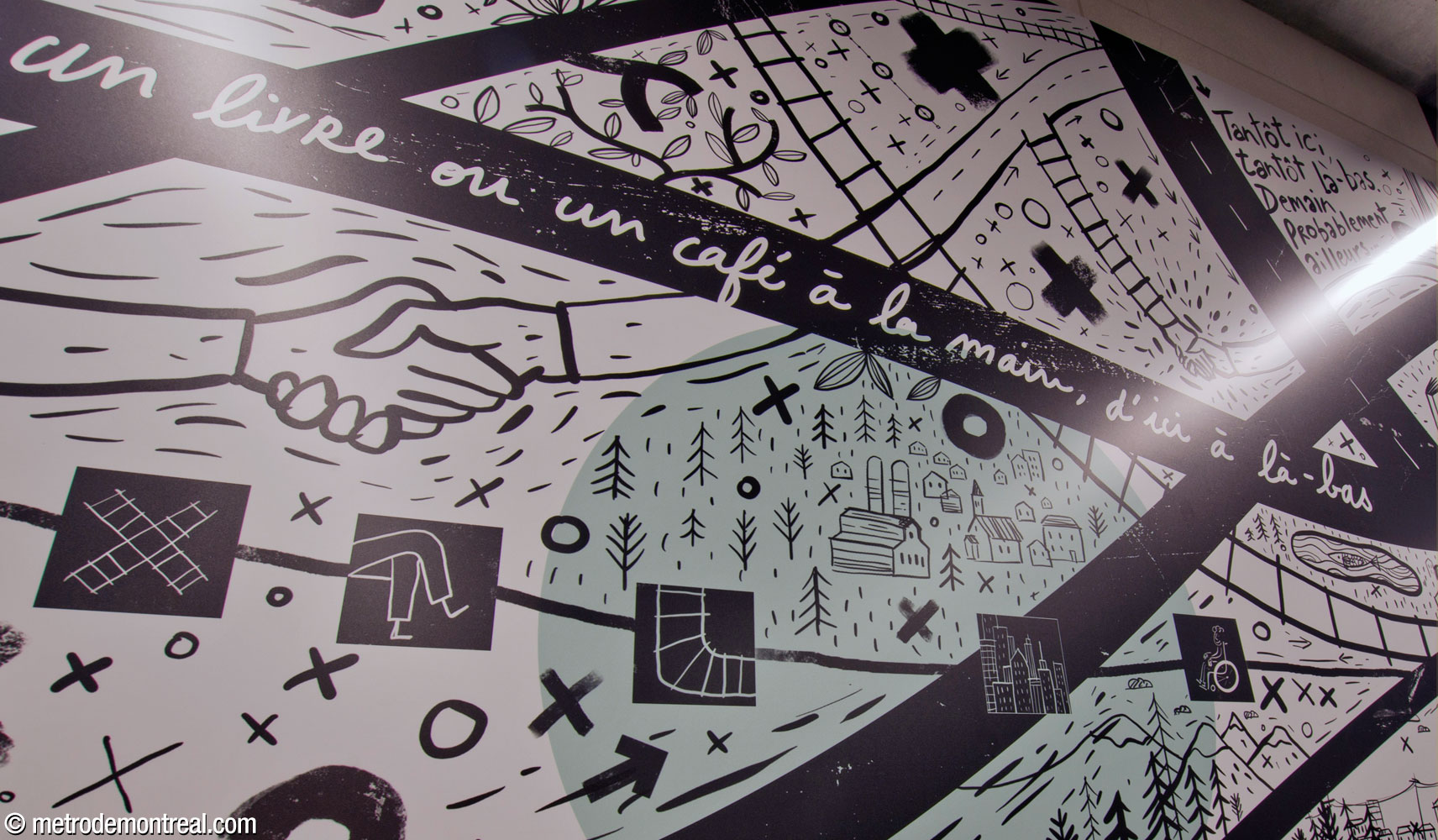 Détail de la murale Ici et un peu partout, de Laurent Pinabel.